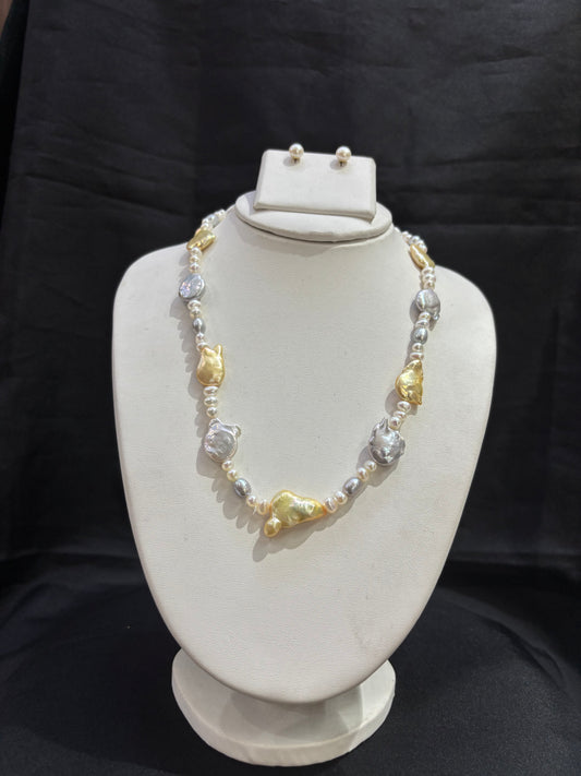 Golden & Silver Baroque Pearl Necklace Set