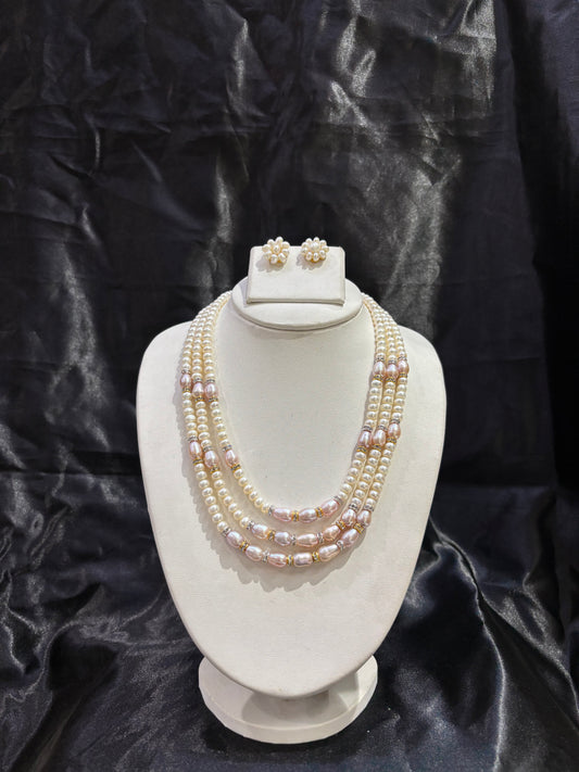 Luxury Triple Layer Pink Pearl Necklace Set