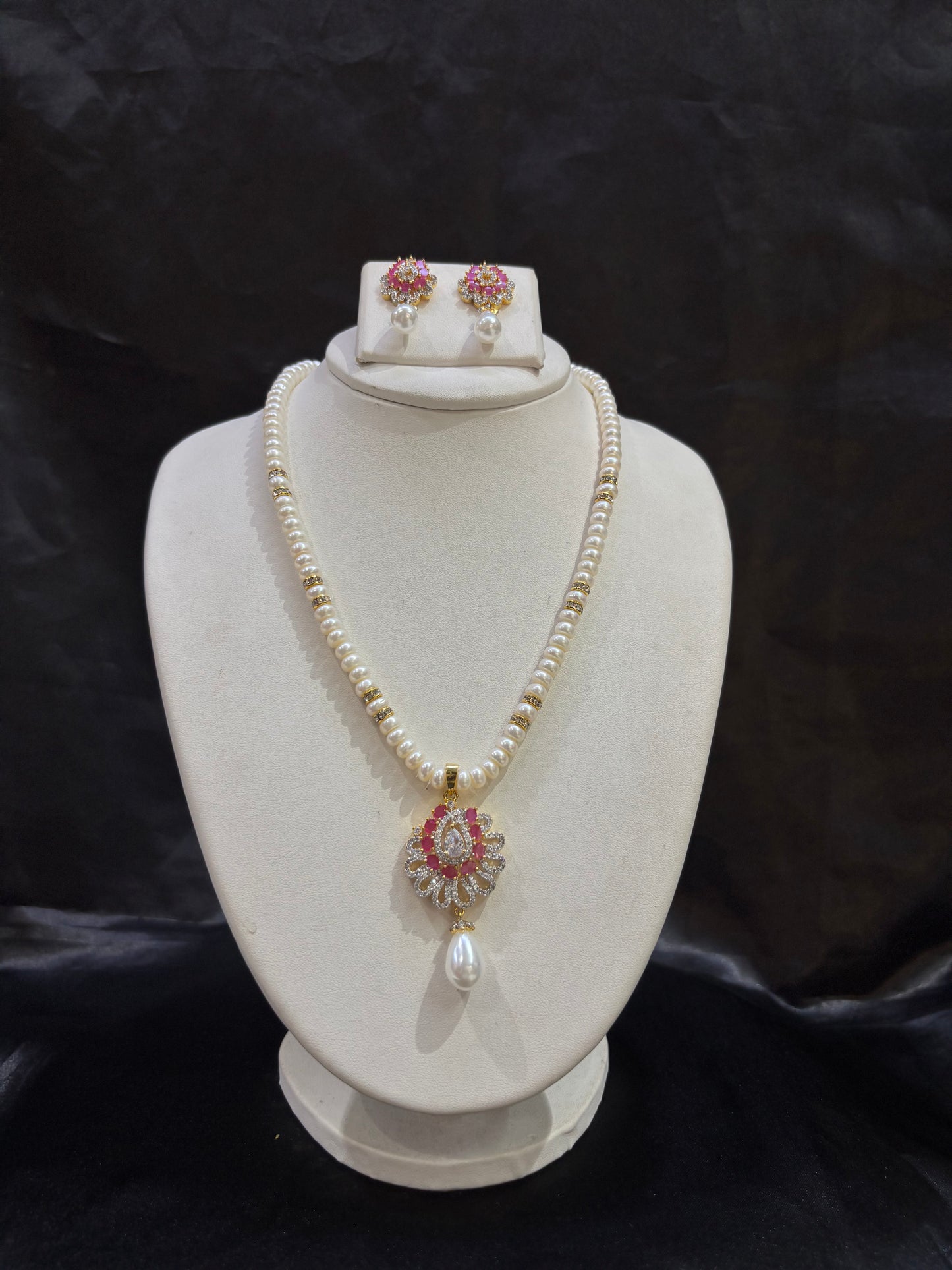 Freshwater Pearl Necklace Set with Ruby Pink CZ Pendant – Code 50012