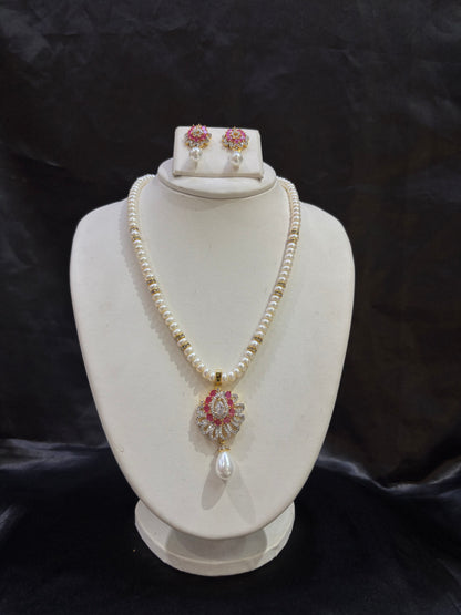 Freshwater Pearl Necklace Set with Ruby Pink CZ Pendant – Code 50012