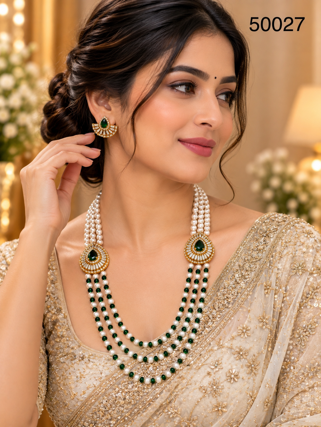 White & Green Pearl Multi-Strand Necklace Set