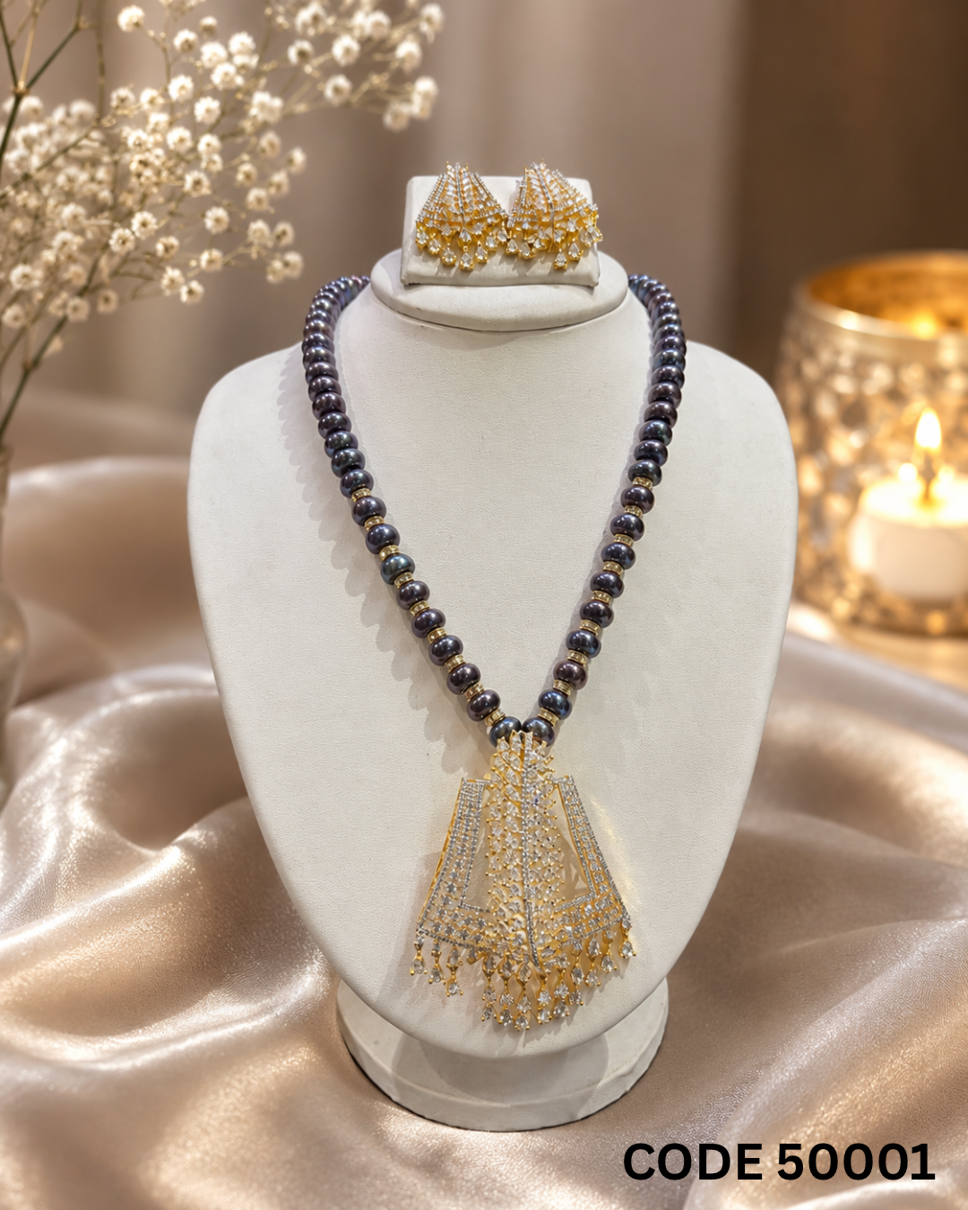 Single Line Black Pearl Pendant Necklace Set