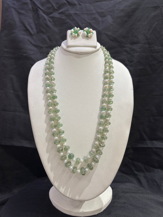 Elegant Green Gemstone & Freshwater Pearl 2-Line Necklace Set