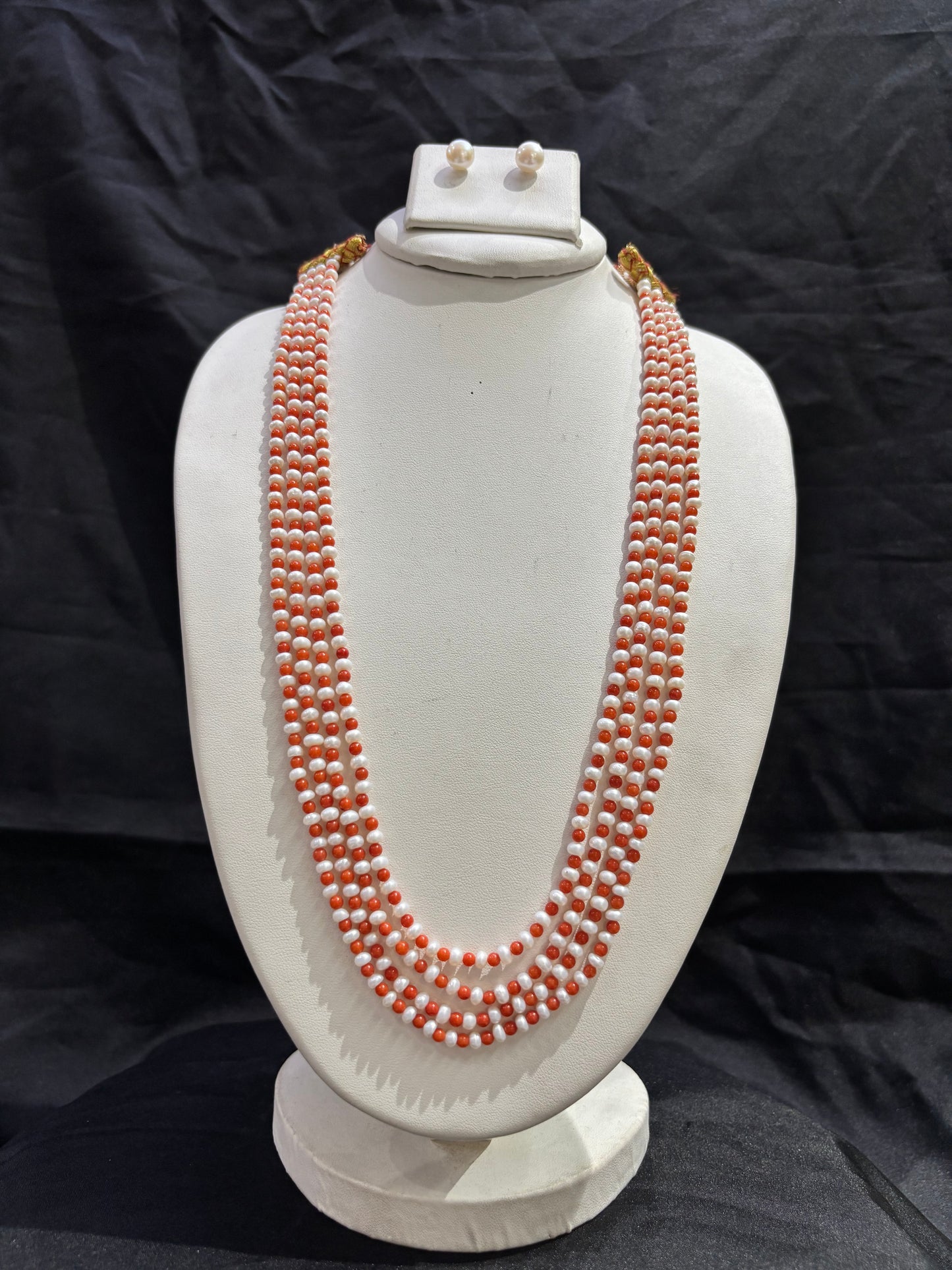 Elegant 4-Line Freshwater Pearl & Coral Necklace Set