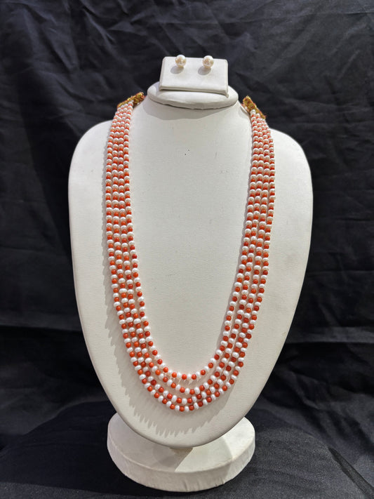 Elegant 4-Line Freshwater Pearl & Coral Necklace Set