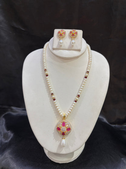 Pearl Necklace Set with Ruby Pink Stone Pendant & Earrings – Code 50034