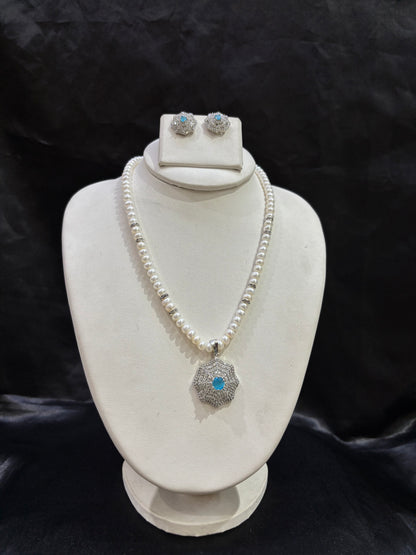 Freshwater Pearl Necklace Set with Sky Blue CZ Pendant – Code 50015