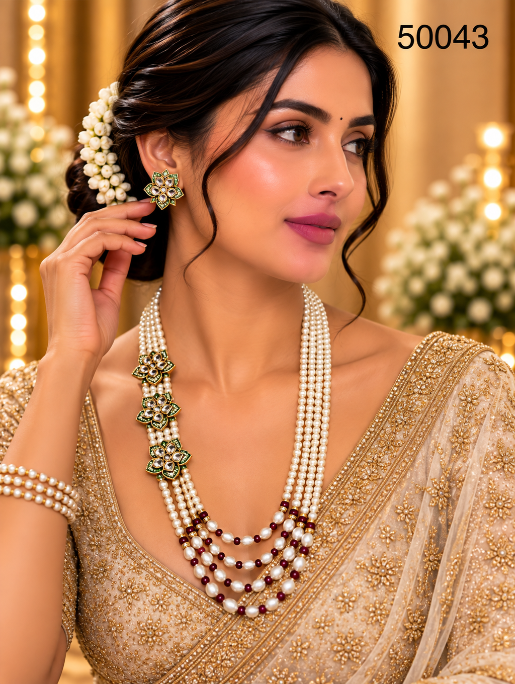 Green & Ruby Pearl Multi-Strand Necklace Set with Designer Motifs