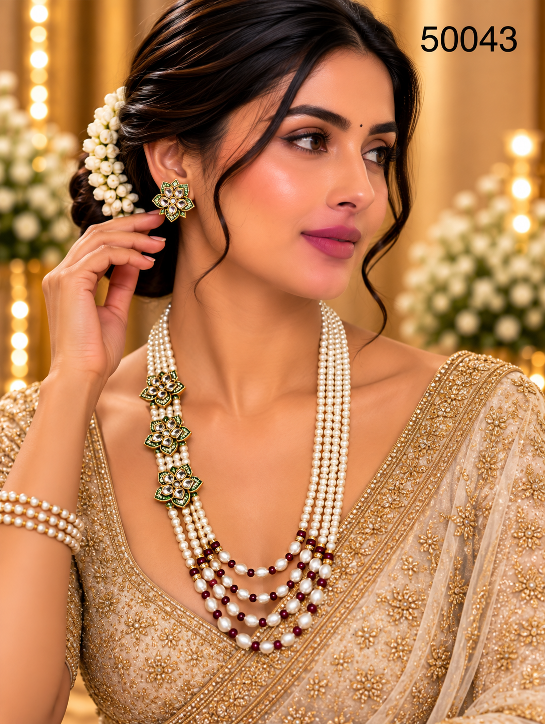 Green & Ruby Pearl Multi-Strand Necklace Set with Designer Motifs