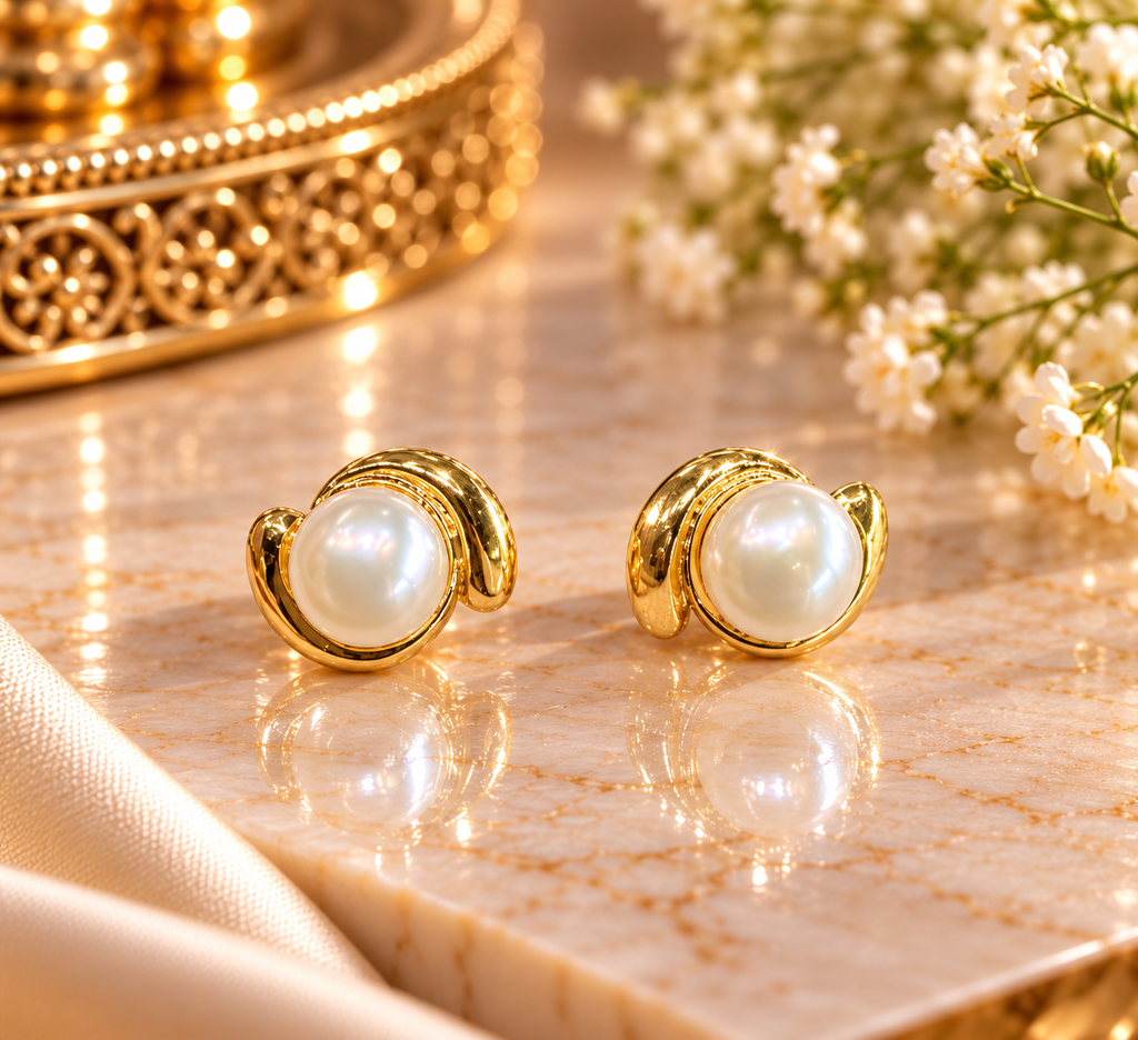 Classic Pearl Gold Stud Earrings – Code 7014