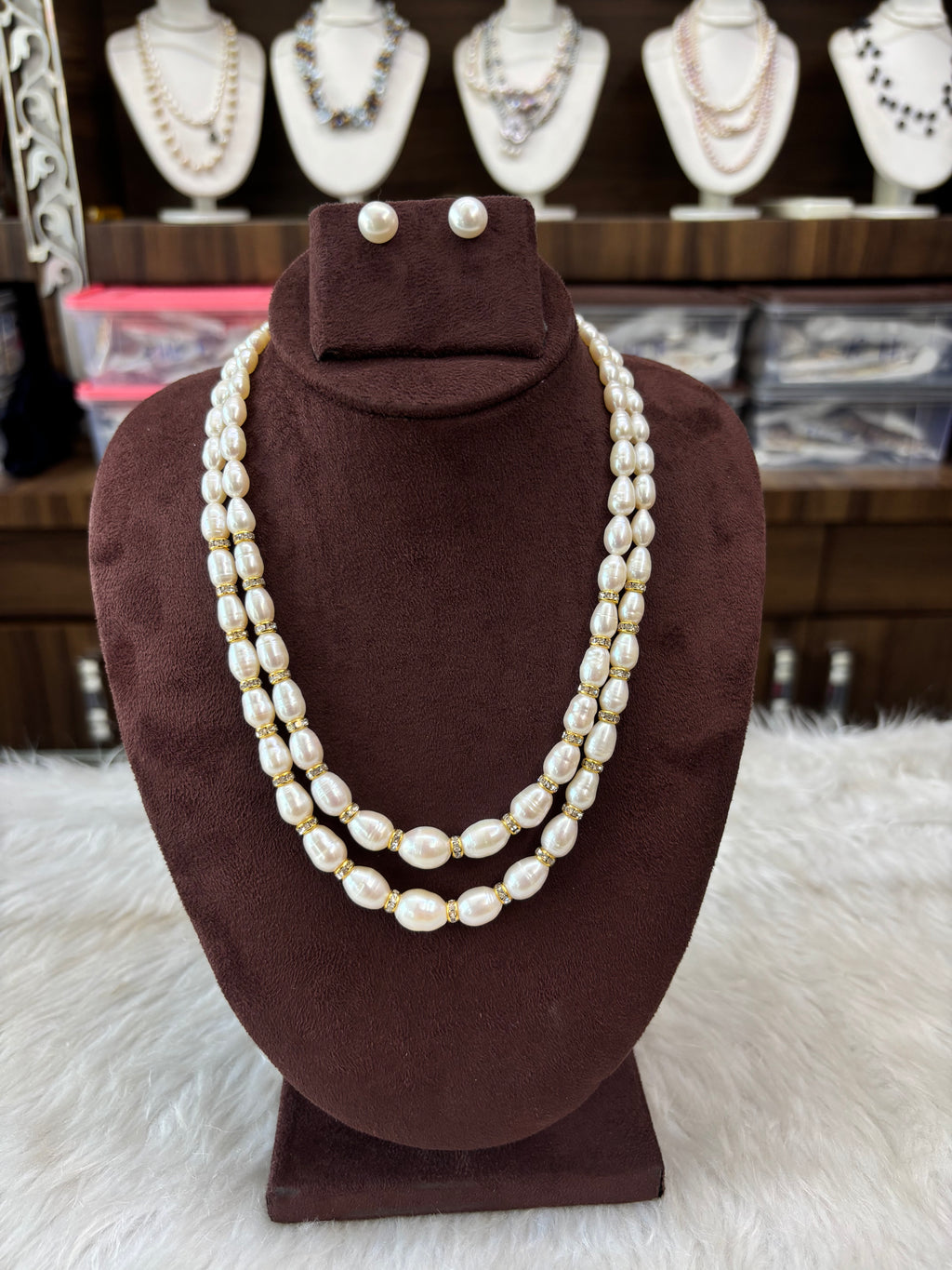 Elegant Double Layer Pearl Necklace with Stud Earrings