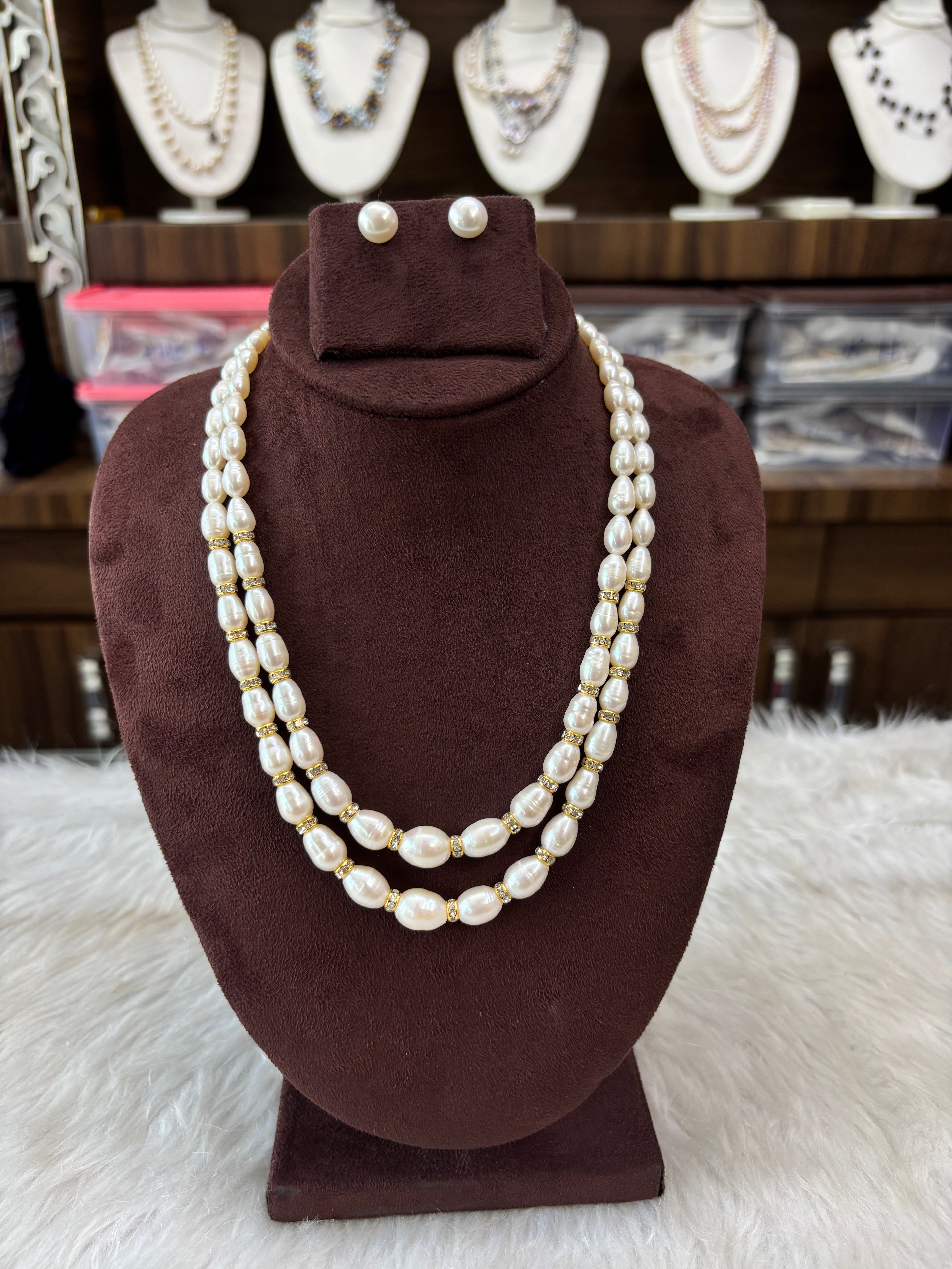 Elegant Double Layer Pearl Necklace with Stud Earrings