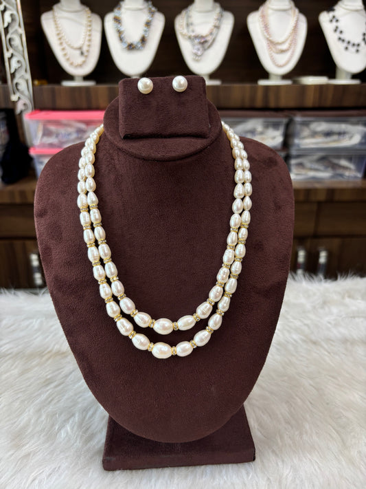 Elegant Double Layer Pearl Necklace with Stud Earrings