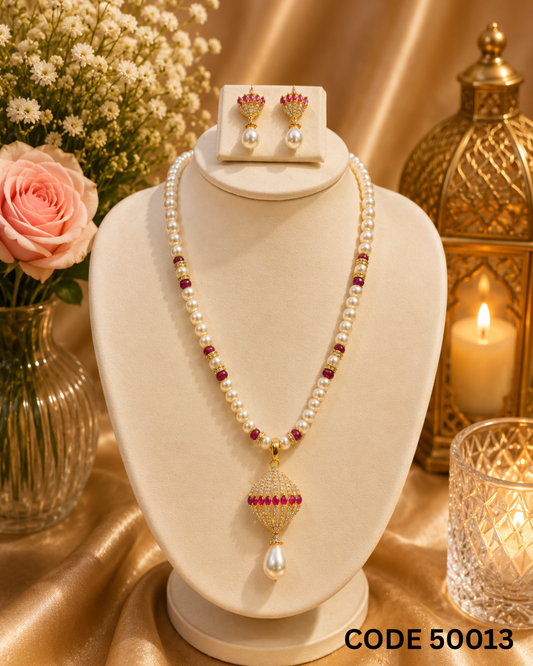 Freshwater Pearl Necklace Set with Ruby Pink CZ Pendant – Code 50013