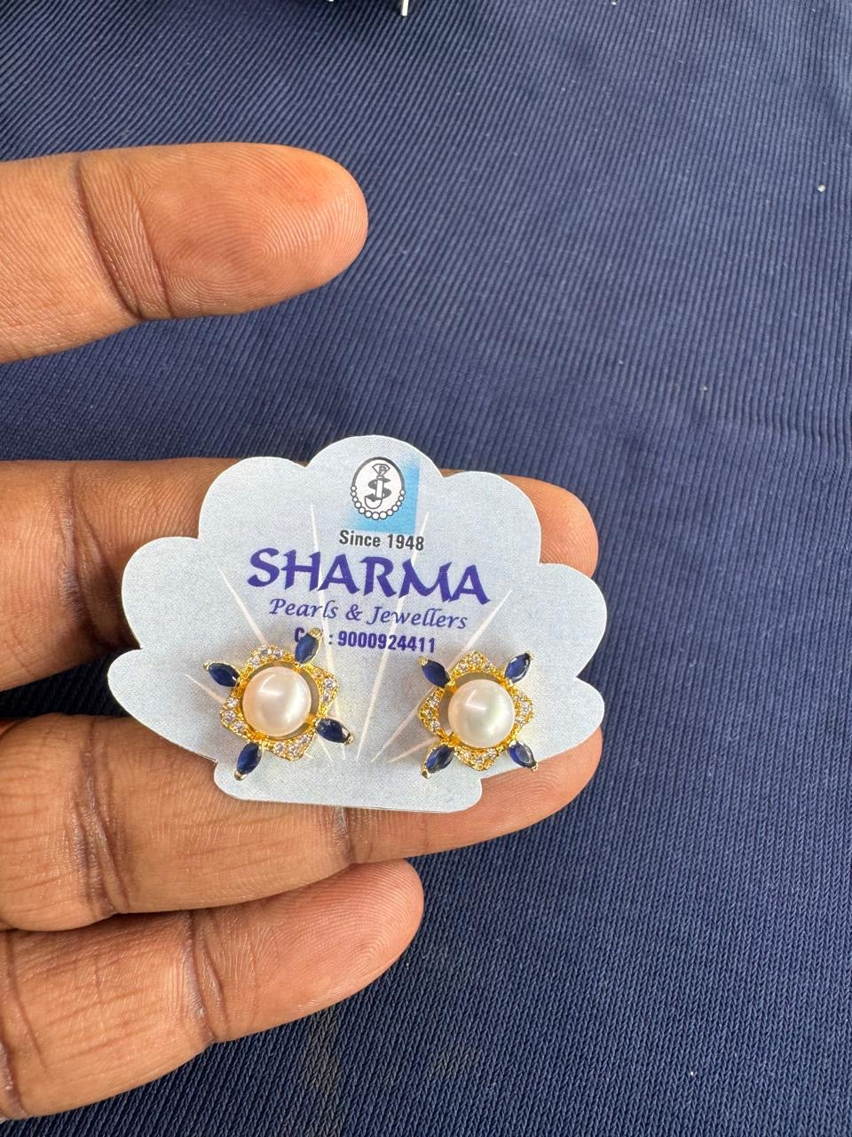Blue Stone & Pearl Stud Earrings – Code 7025