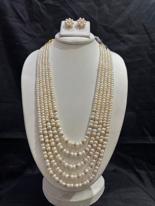 Luxury 5-Line Freshwater Pearl Necklace Set with Floral Pearl Earrings