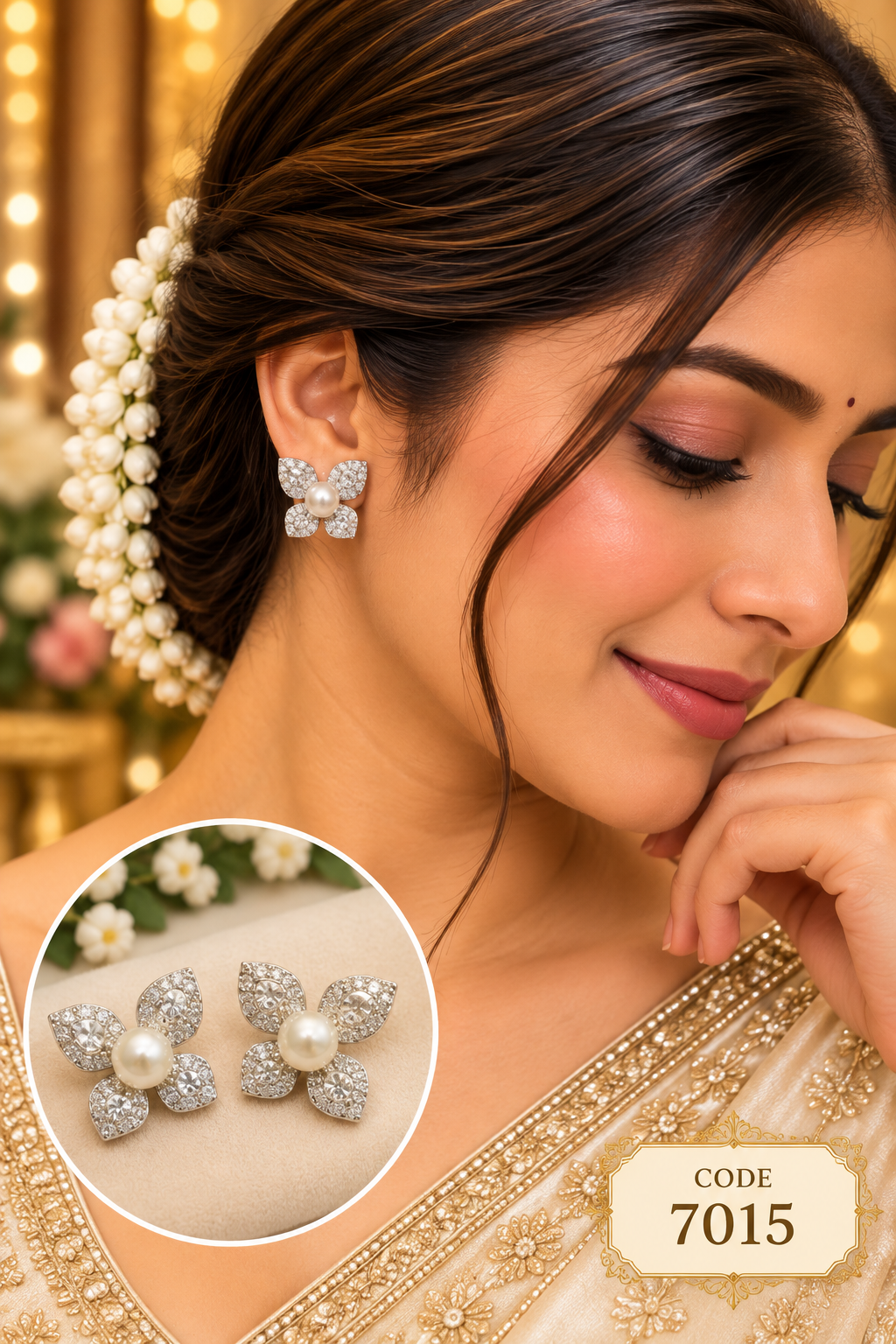 Pearl Floral Stone Stud Earrings – Code 7015
