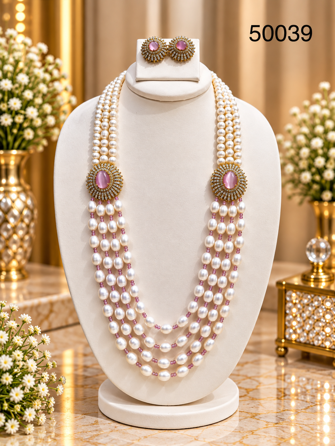 Pink Pearl Multi-Strand Necklace Set with Oval Pink Stones