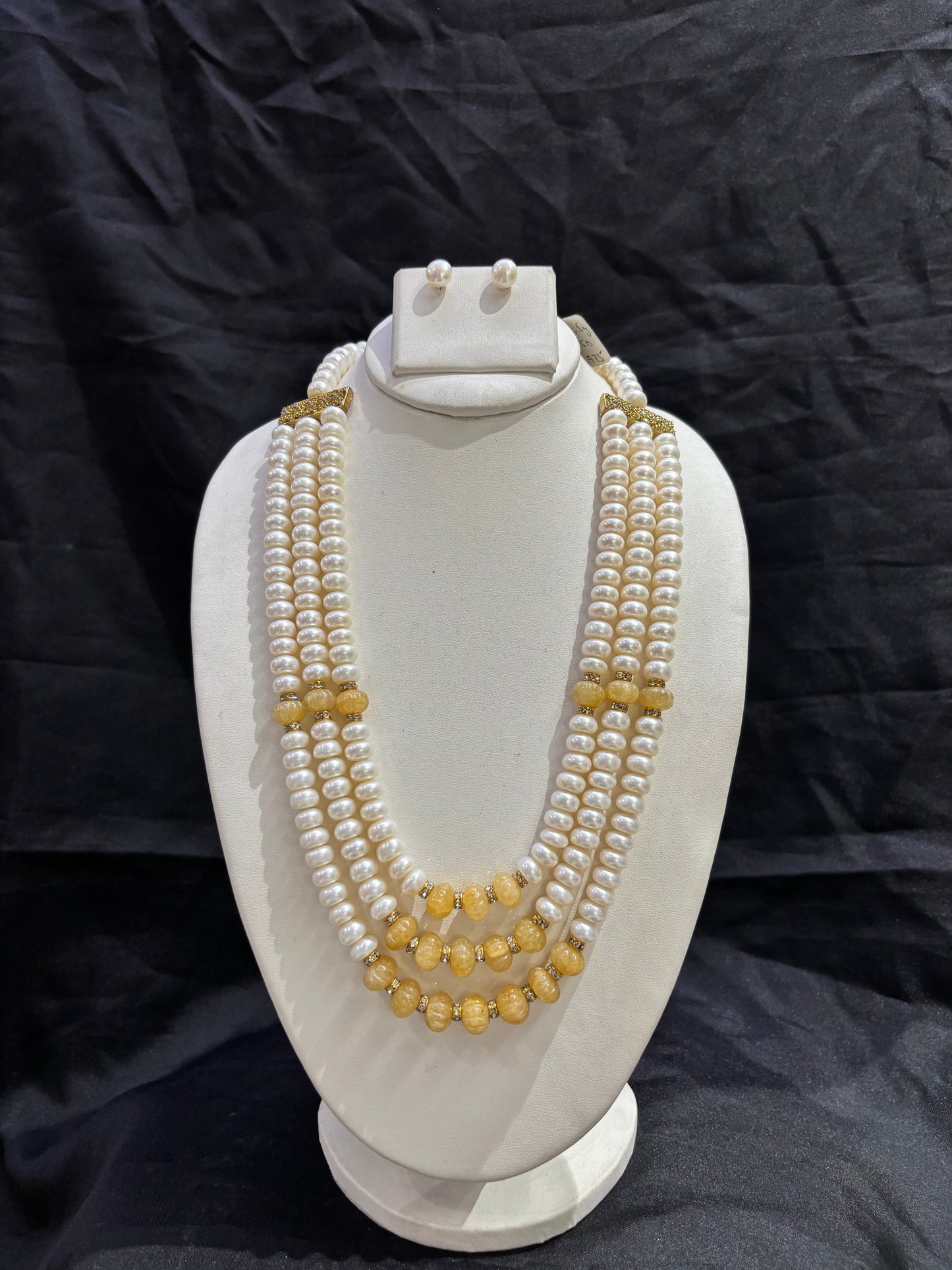 Elegant Citrine & Freshwater Pearl 3-Line Necklace Set with Pearl Stud Earrings