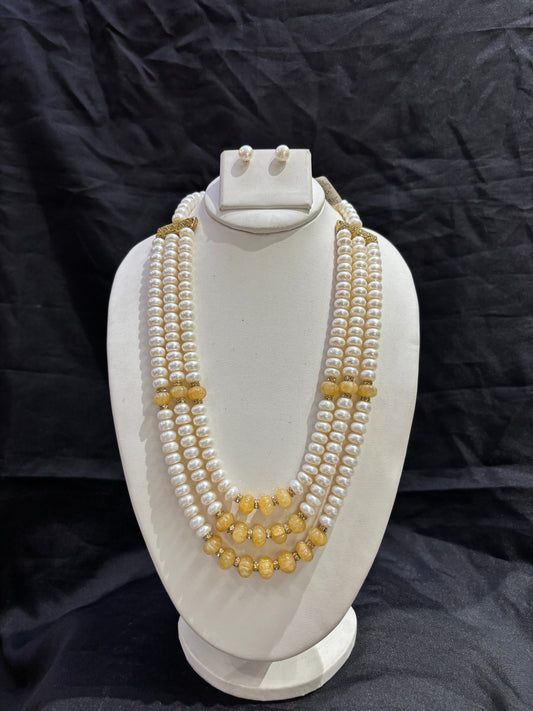 Elegant Citrine & Freshwater Pearl 3-Line Necklace Set with Pearl Stud Earrings