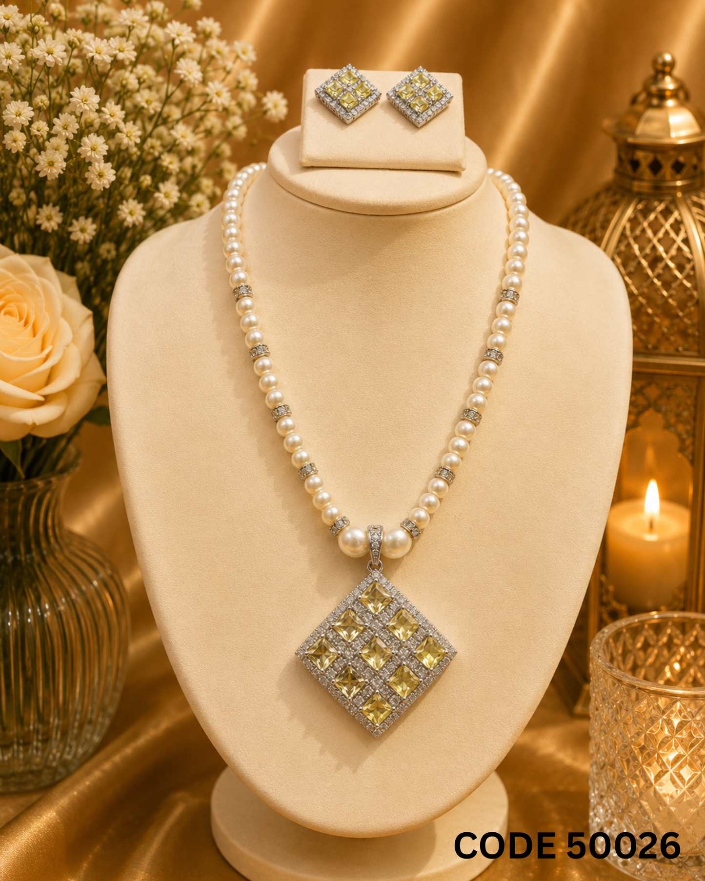 Freshwater Pearl Necklace Set with Yellow Crystal Designer Pendant – Code 50026
