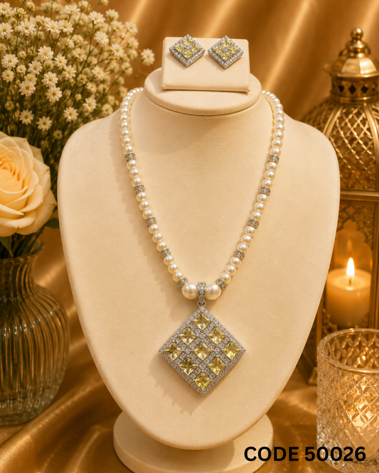 Freshwater Pearl Necklace Set with Yellow Crystal Designer Pendant – Code 50026
