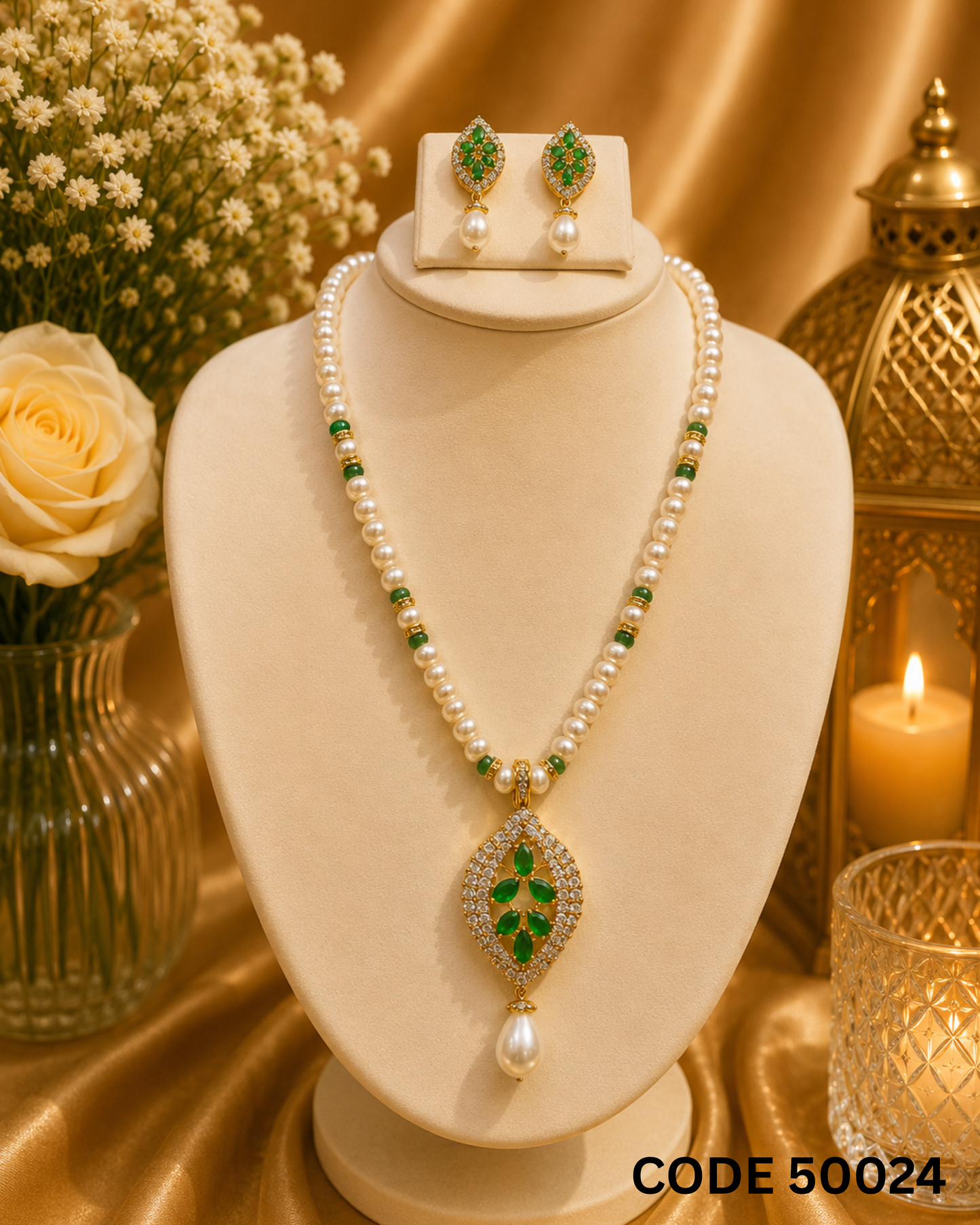 Freshwater Pearl Necklace Set with Emerald Green Designer Pendant – Code 50024