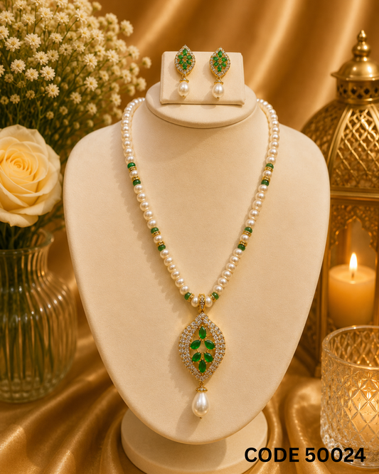 Freshwater Pearl Necklace Set with Emerald Green Designer Pendant – Code 50024