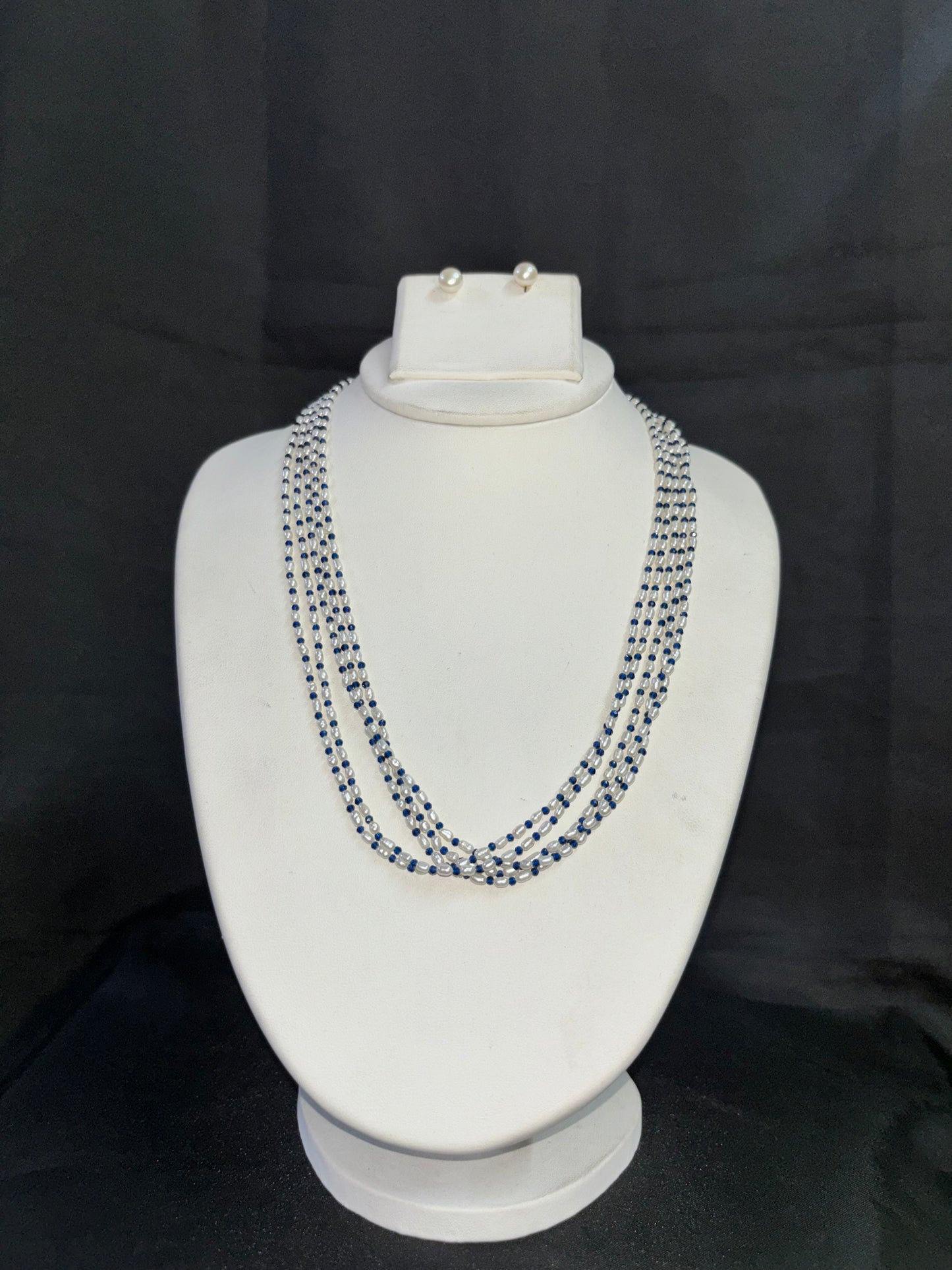 Four-Line Pearl & Blue Crystal Necklace Set