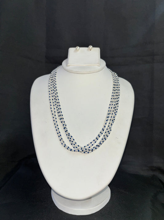Four-Line Pearl & Blue Crystal Necklace Set