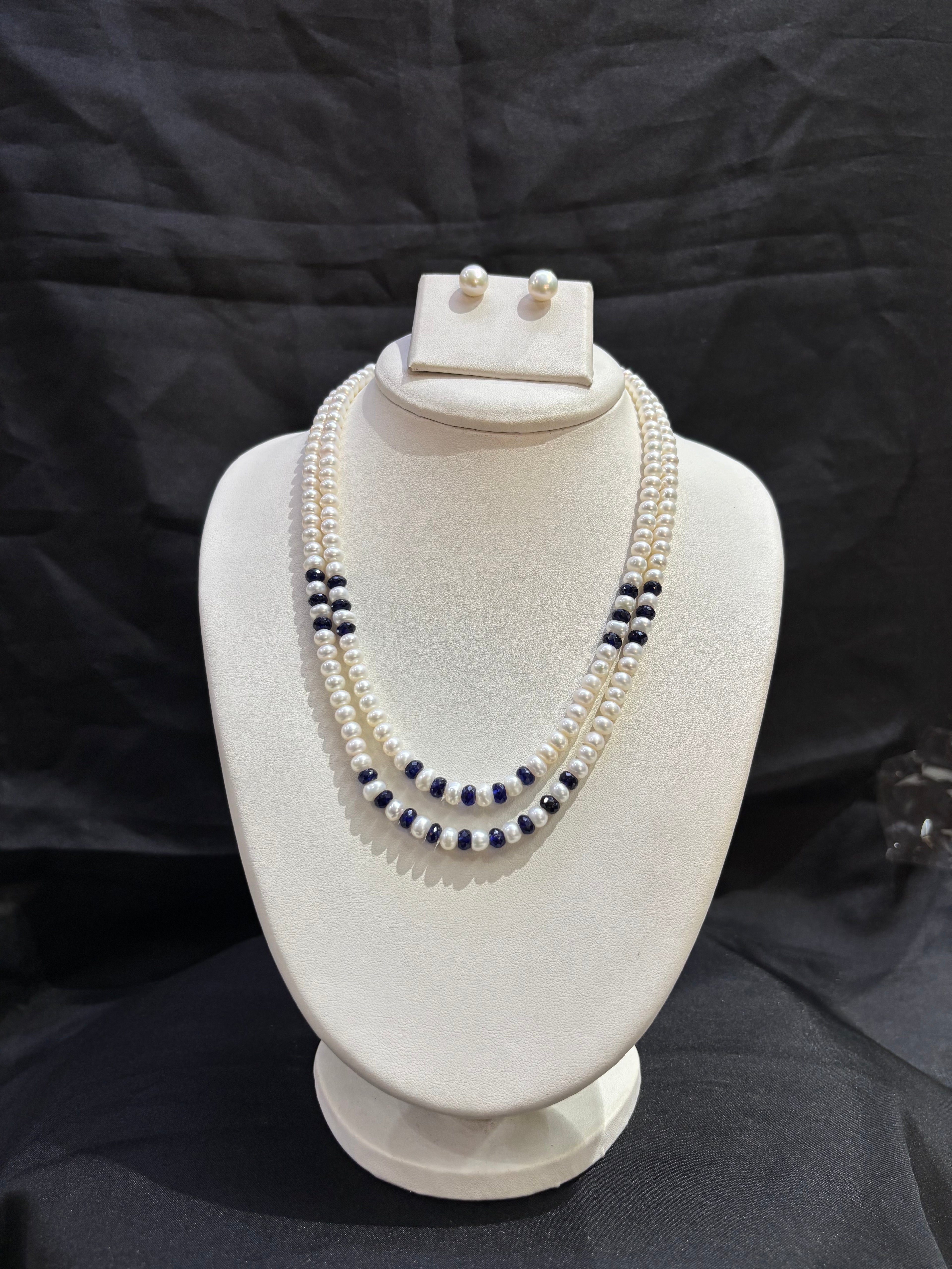 Classic White Pearl Double Layer Necklace Set with Blue Gemstone Accents