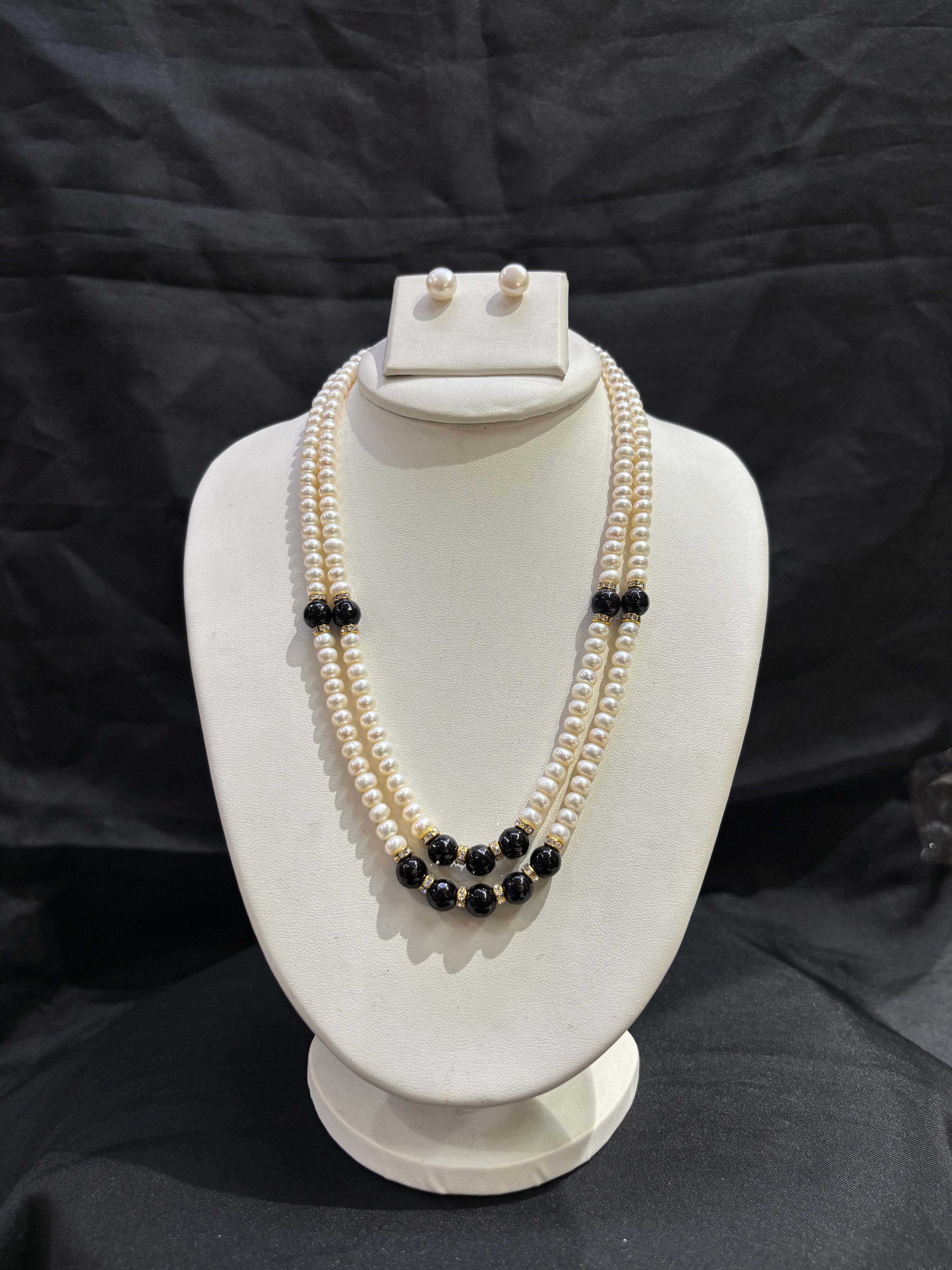 Classic White Pearl Double Layer Necklace Set with Black Onyx Accents