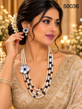 Blue Pearl Multi-Strand Necklace Set with Floral Designer Motif