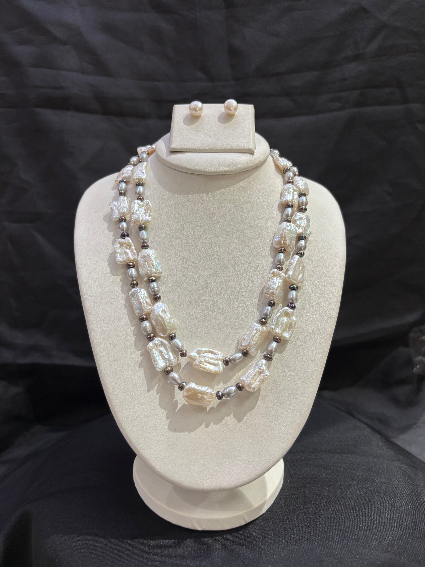 Baroque Freshwater Pearl Double Layer Necklace Set with Silver Pearl Accents