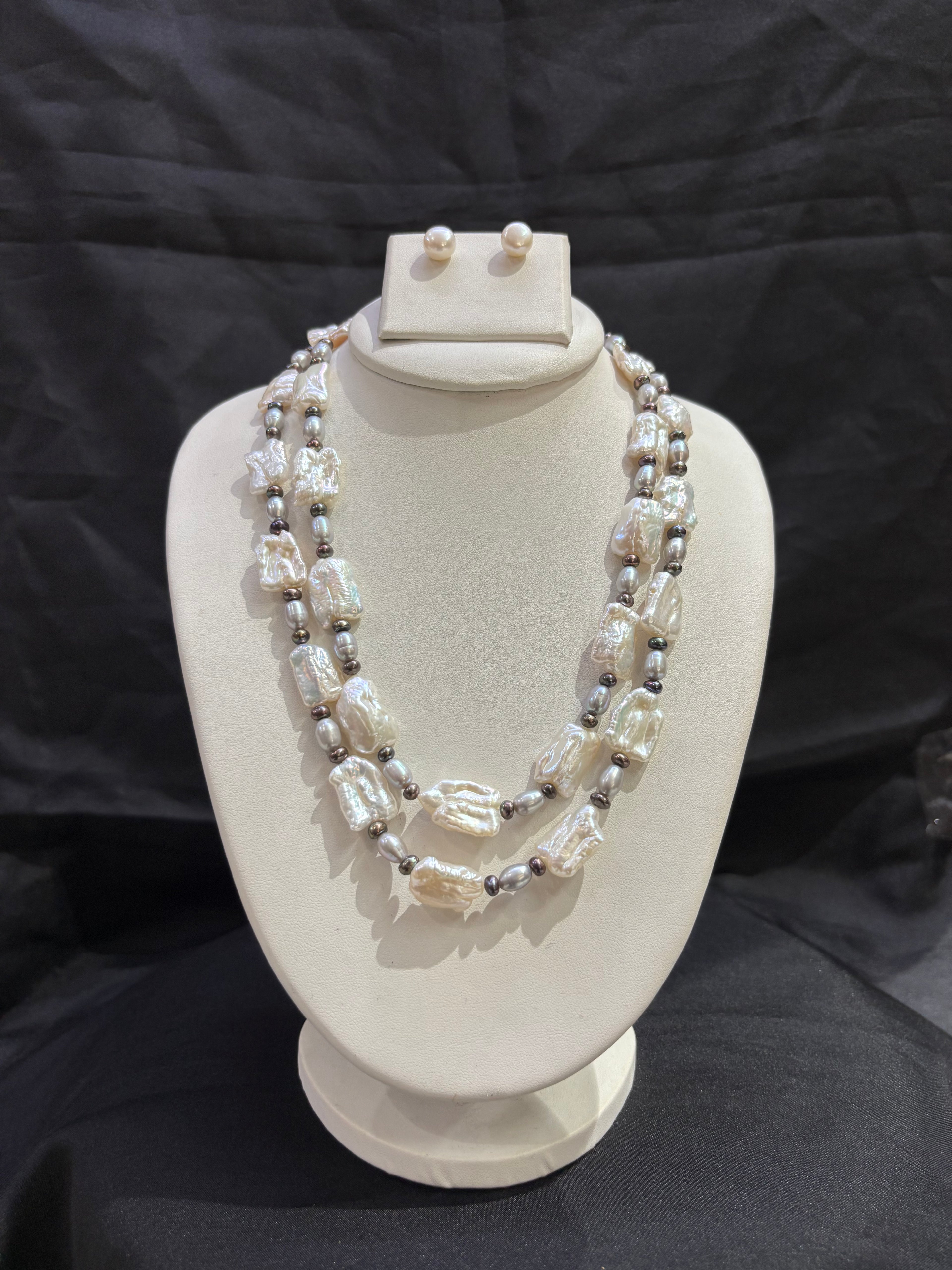 Baroque Freshwater Pearl Double Layer Necklace Set with Silver Pearl Accents