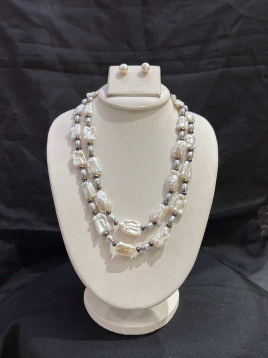 Baroque Freshwater Pearl Double Layer Necklace Set with Silver Pearl Accents