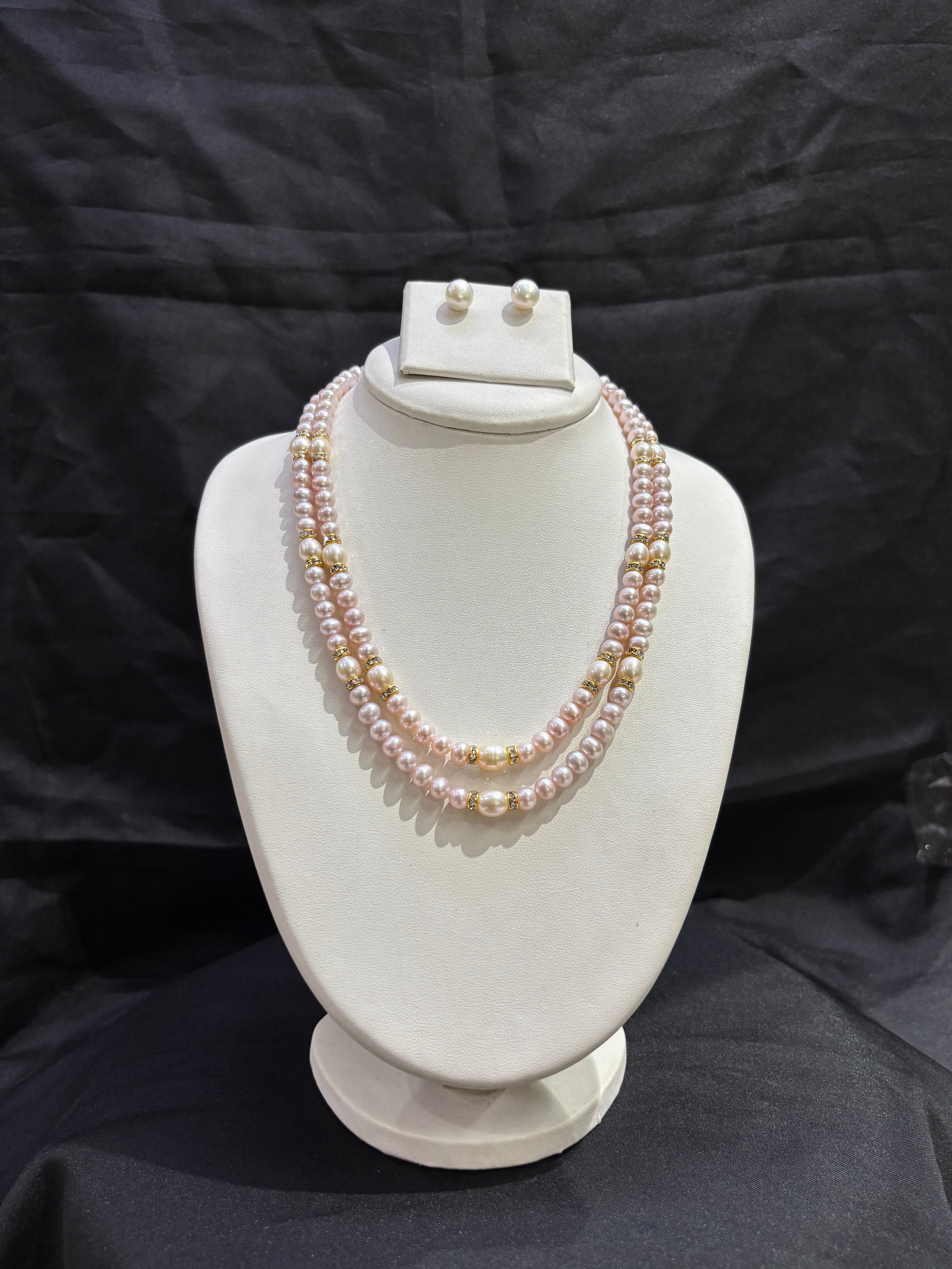 Double Layer Pink Freshwater Pearl Necklace Set with Premium Pearl Accents