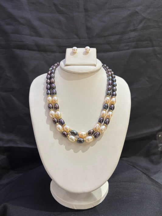 Dual Tone Freshwater Pearl Necklace Set with Black & White Pearls