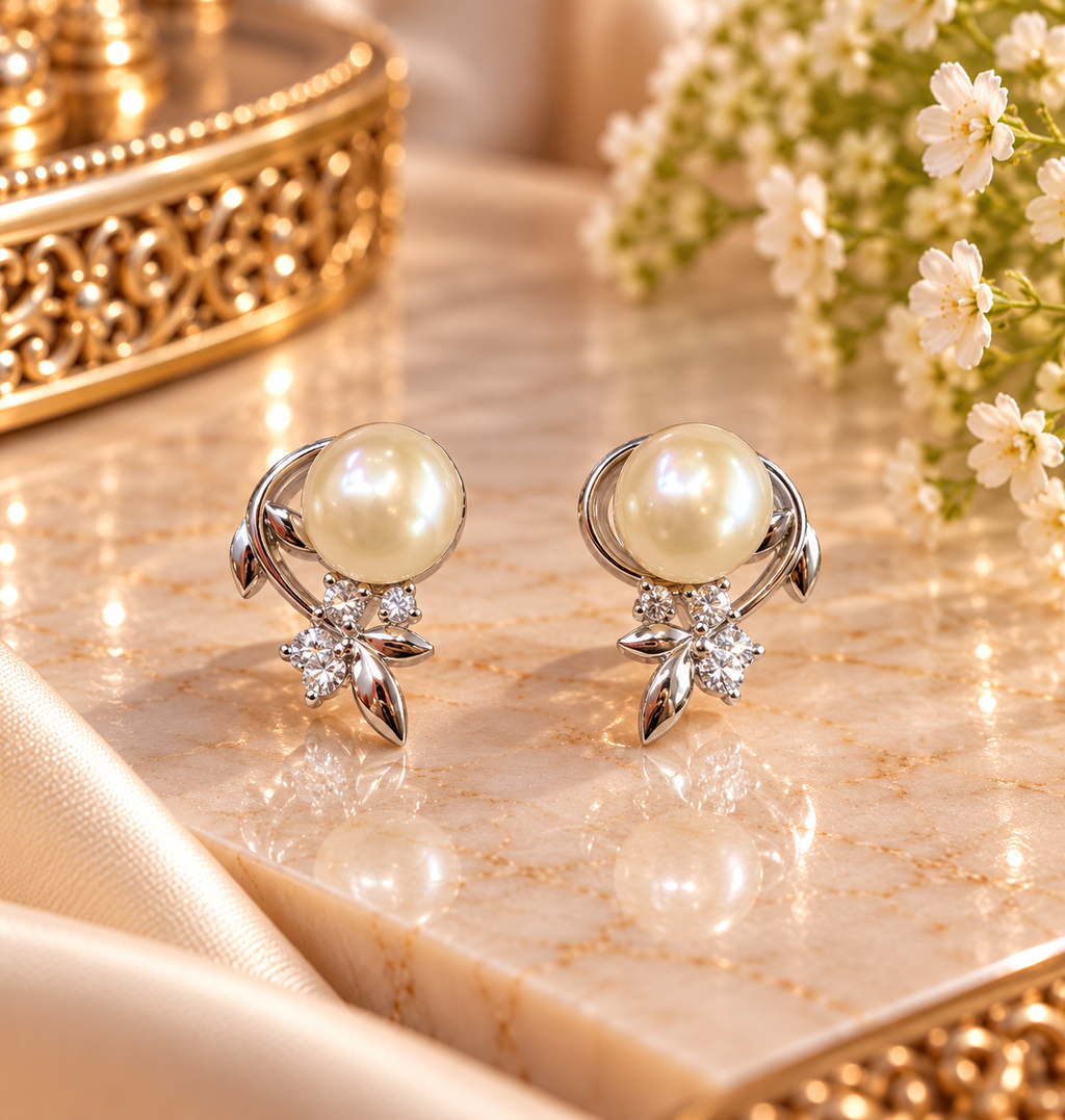 Pearl Leaf Drop Stud Earrings – Code 7013