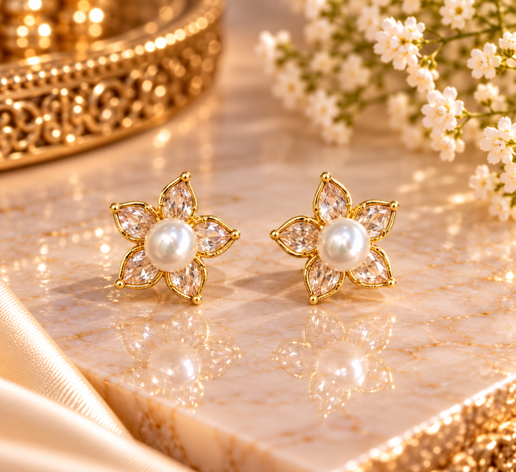Golden Floral Pearl Stud Earrings – Code 7011