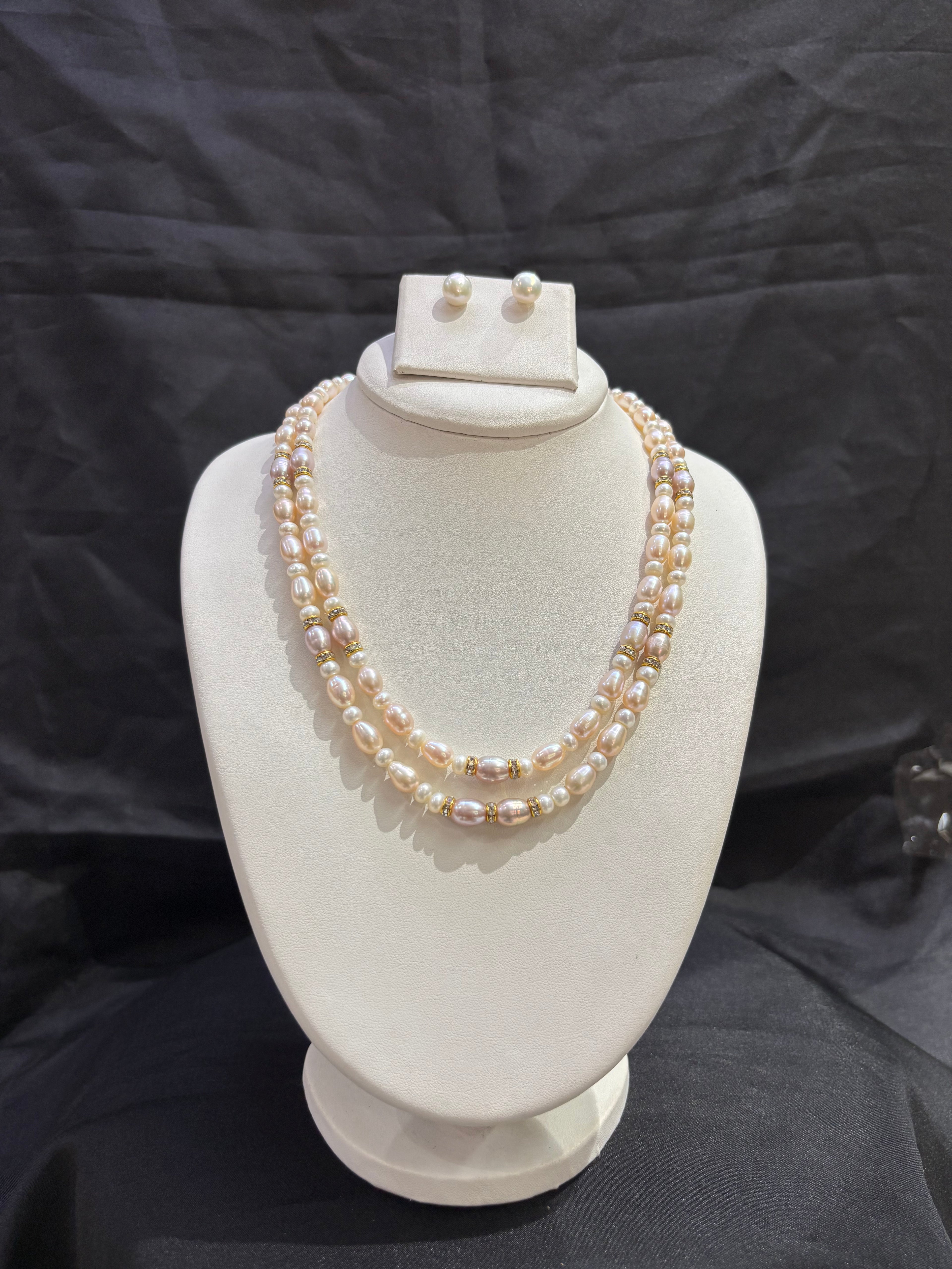 Elegant Double Layer Pink & White Freshwater Pearl Necklace Set