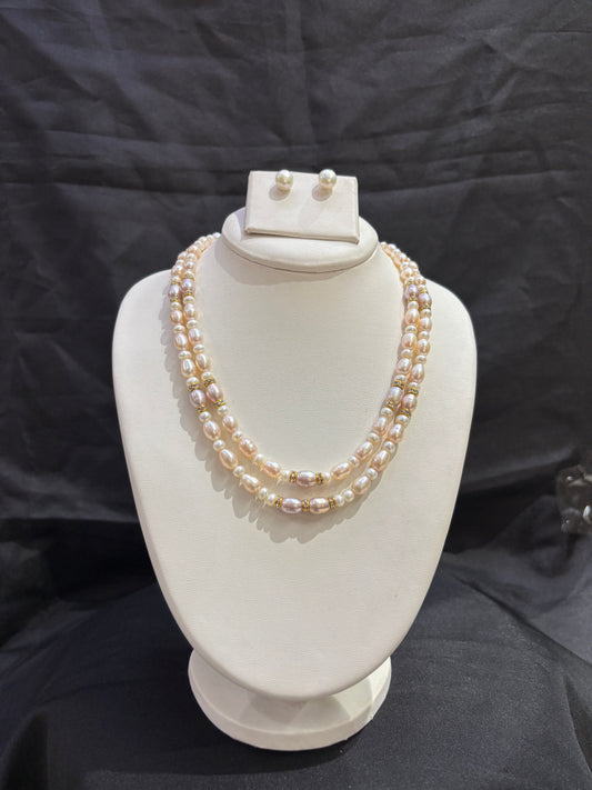 Elegant Double Layer Pink & White Freshwater Pearl Necklace Set