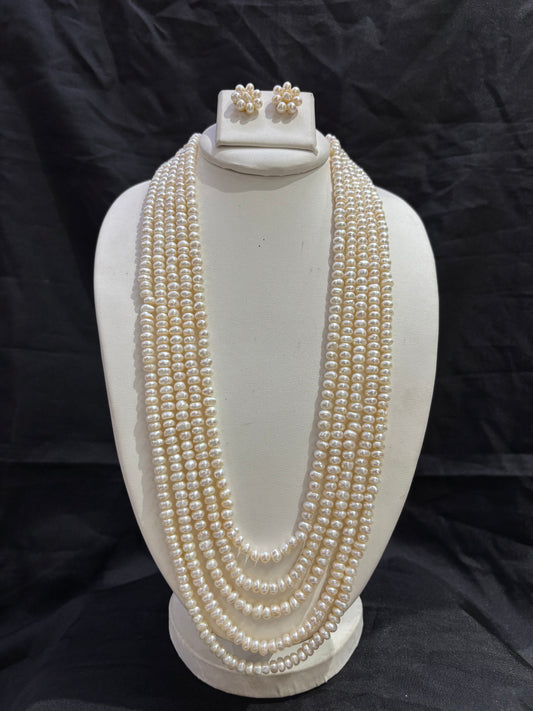 Luxury 6-Line Freshwater Pearl Necklace Set with Floral Pearl Earrings