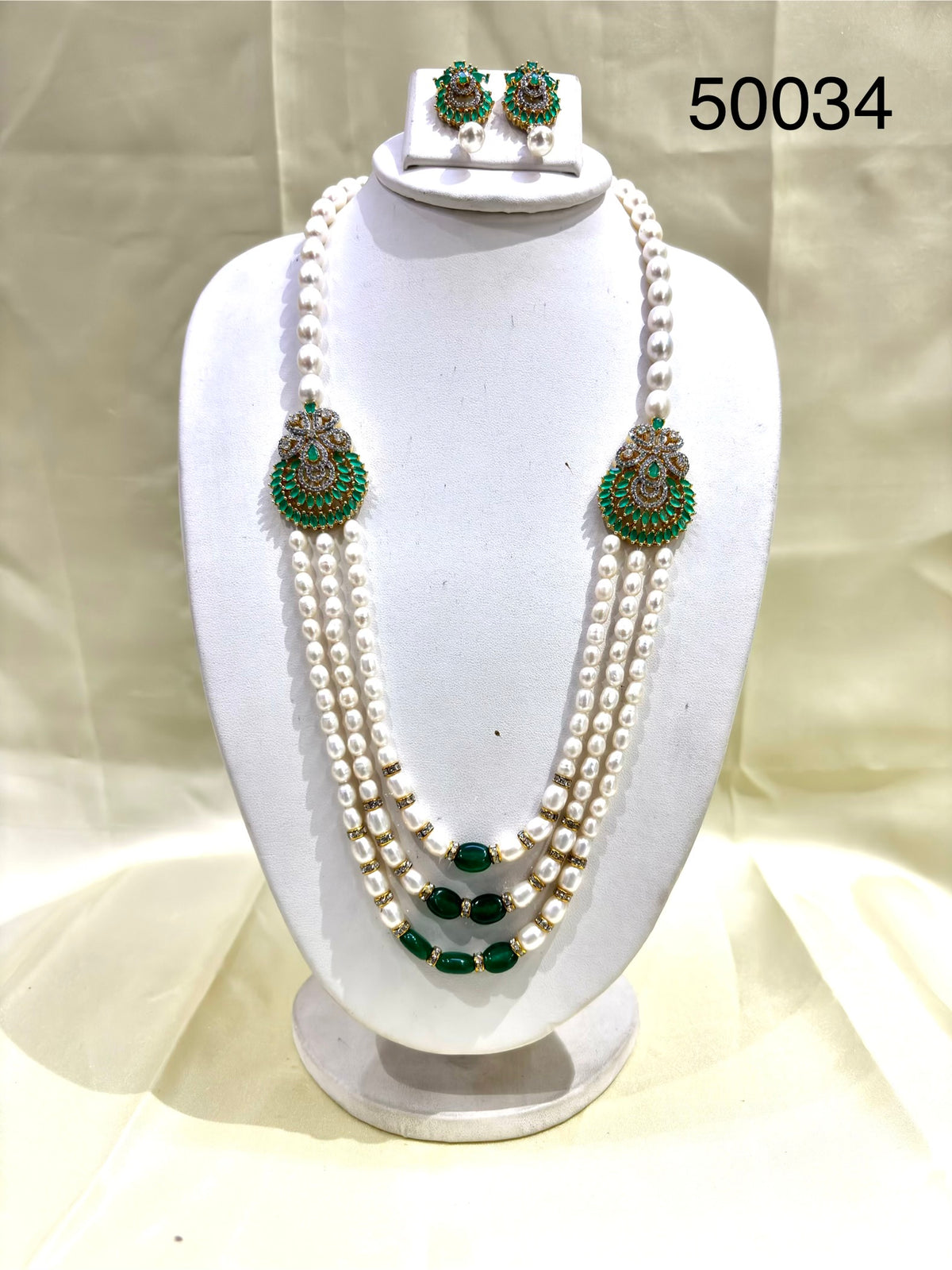 Green Pearl Multi-Strand Necklace Set with Emerald Designer Motifs