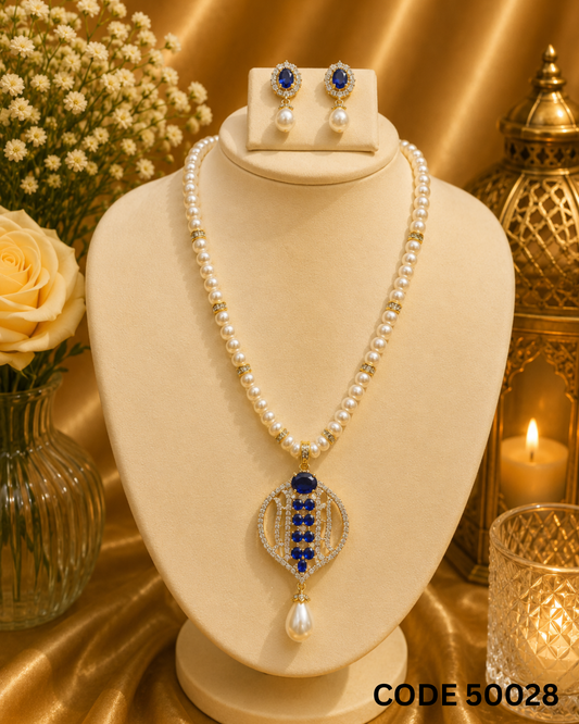 Freshwater Pearl Necklace Set with Royal Blue Designer Pendant – Code 50028
