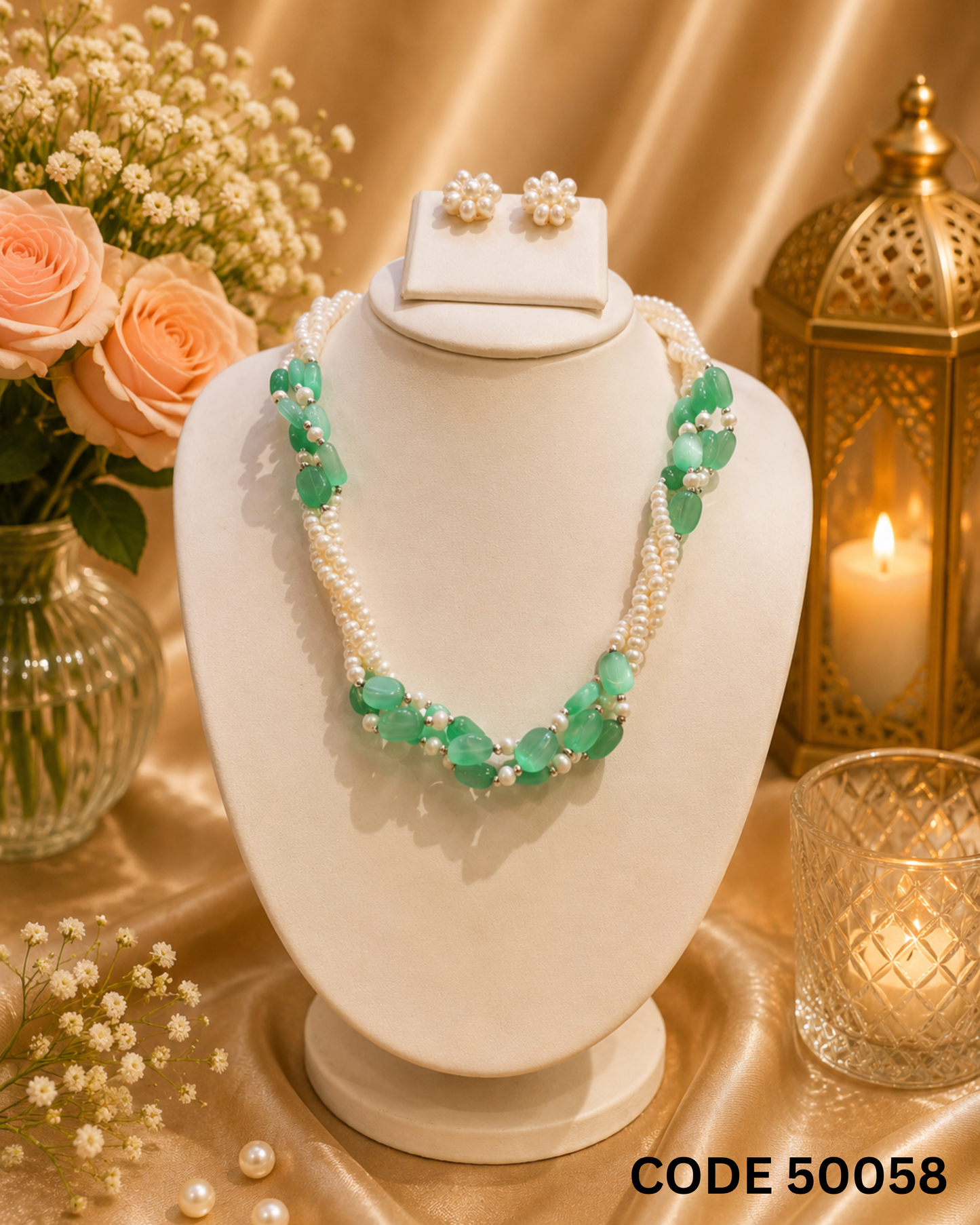 Multi-Strand Freshwater Pearl & Green Jade Necklace Set – Code 50058