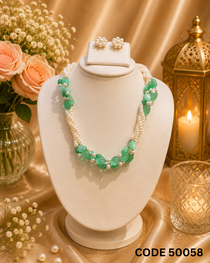 Multi-Strand Freshwater Pearl & Green Jade Necklace Set – Code 50058