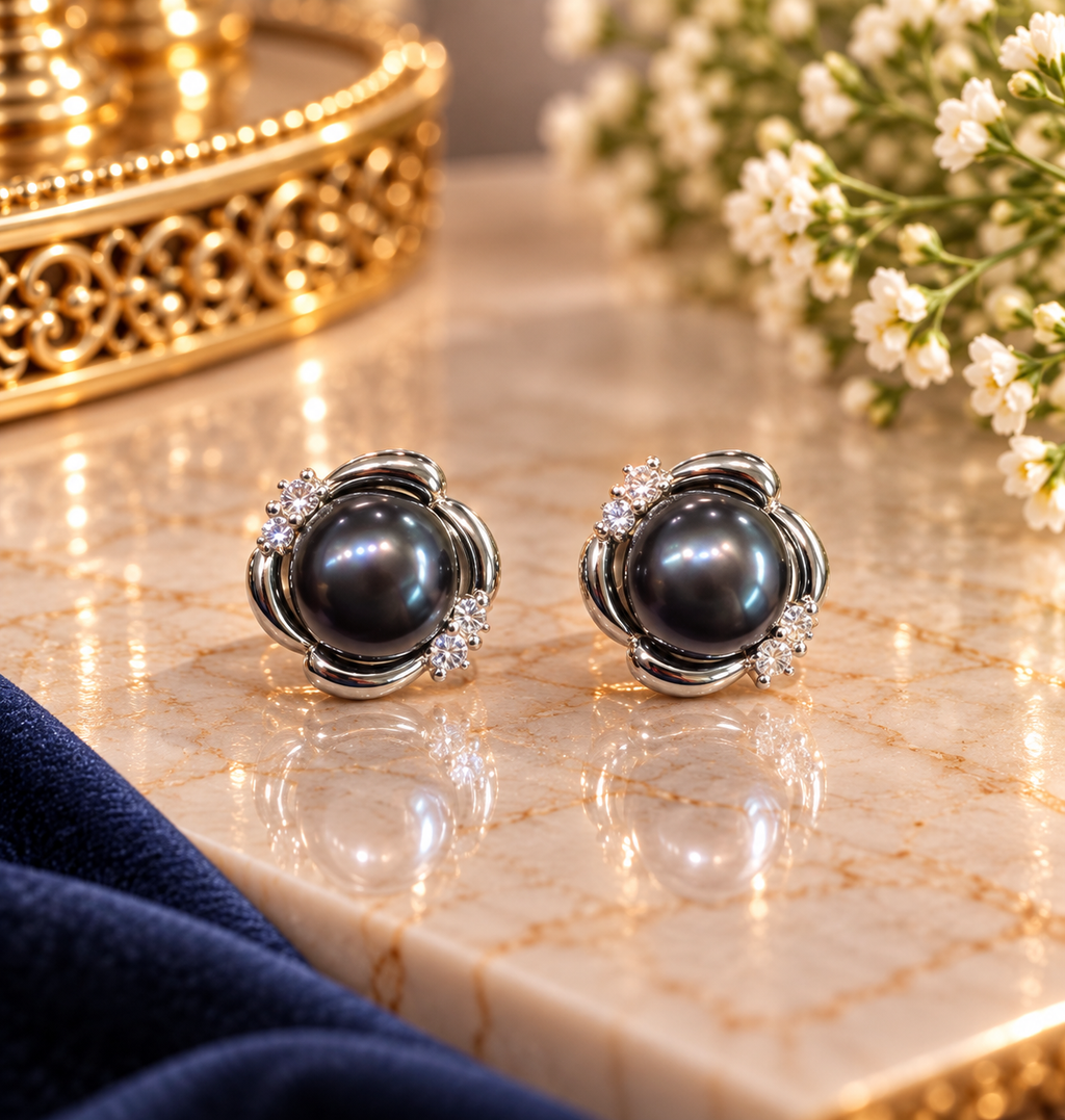 Black Pearl Floral Stud Earrings – Code 7018