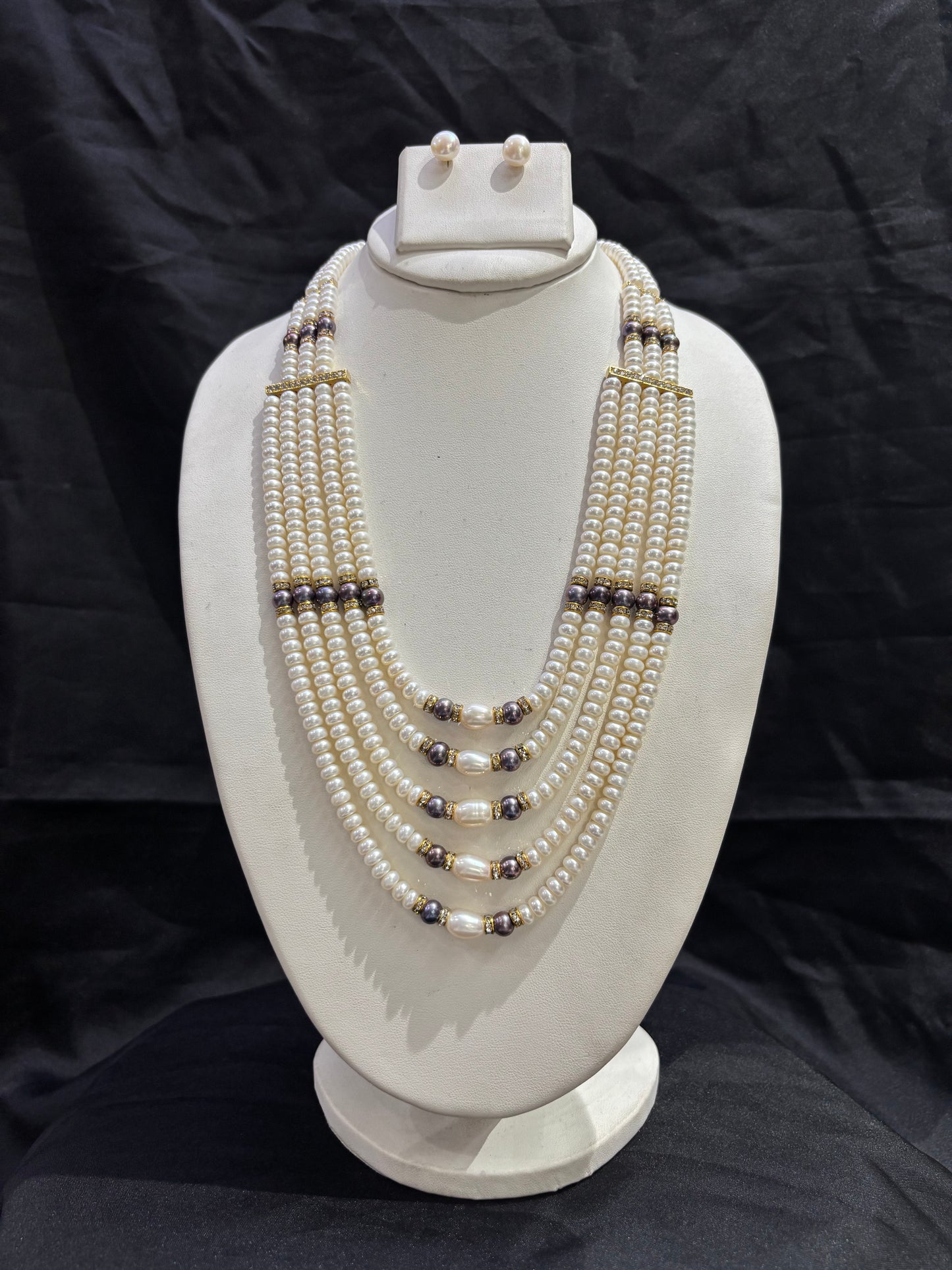 Luxury 5-Line Freshwater Pearl Necklace Set with Grey Pearl Accents