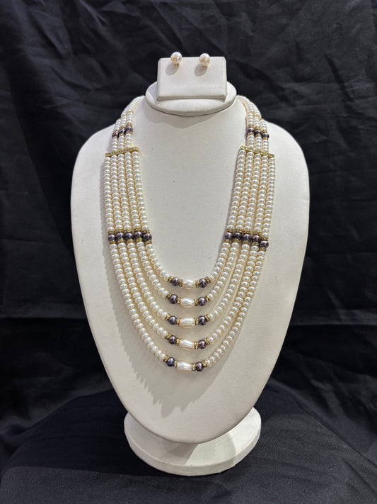 Luxury 5-Line Freshwater Pearl Necklace Set with Grey Pearl Accents